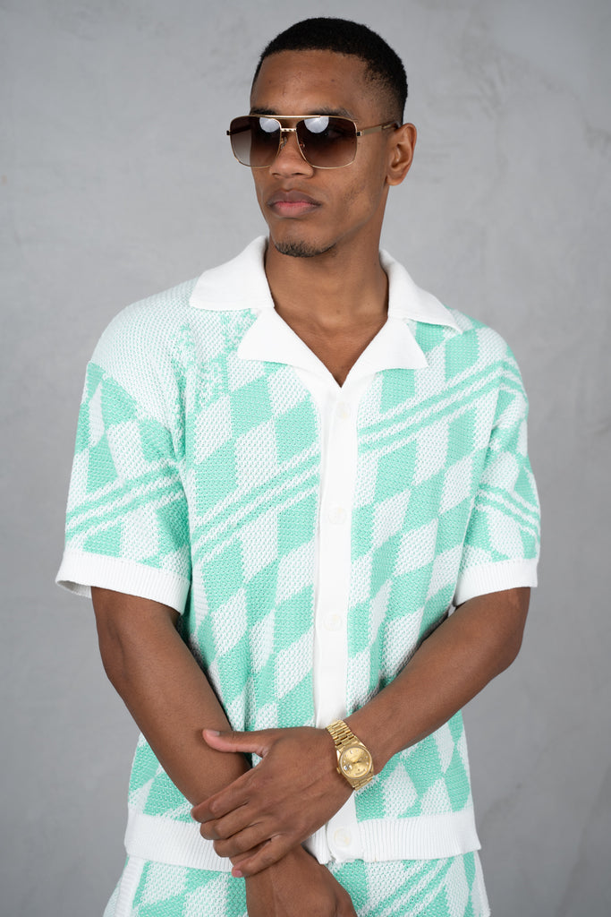 Boxy Checked Knitted Shirt - Mint