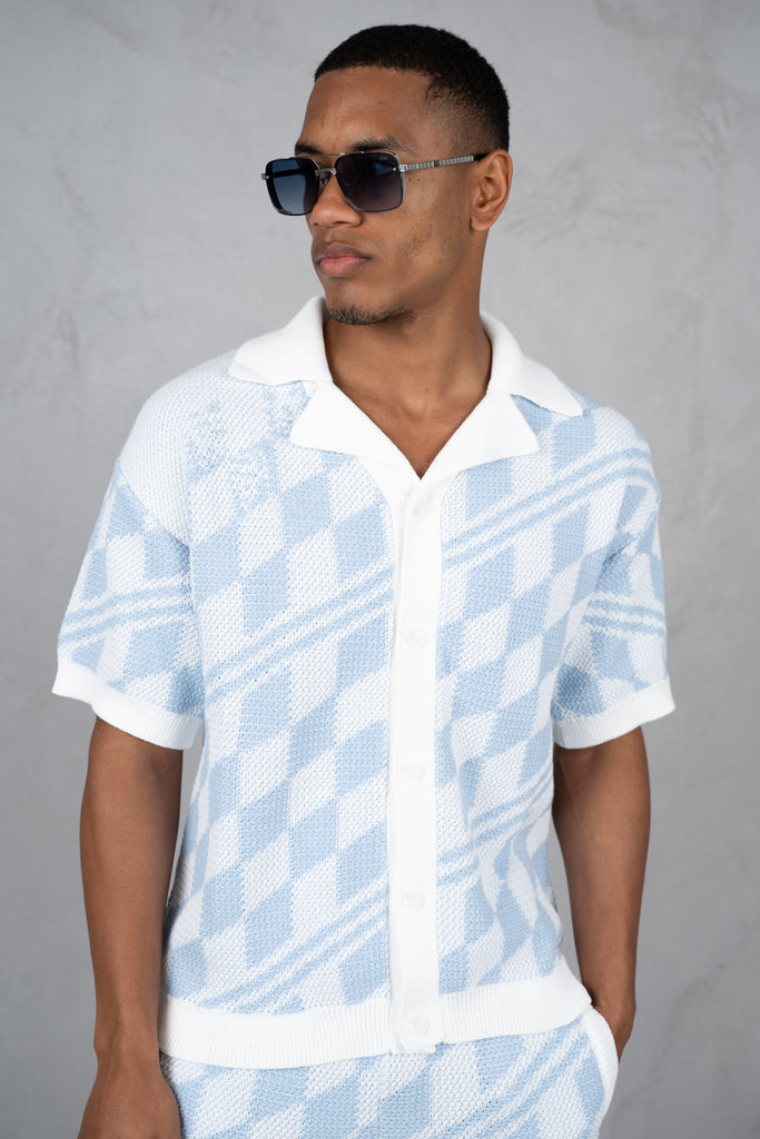 Boxy Checked Knitted Shirt - Pale Blue/White