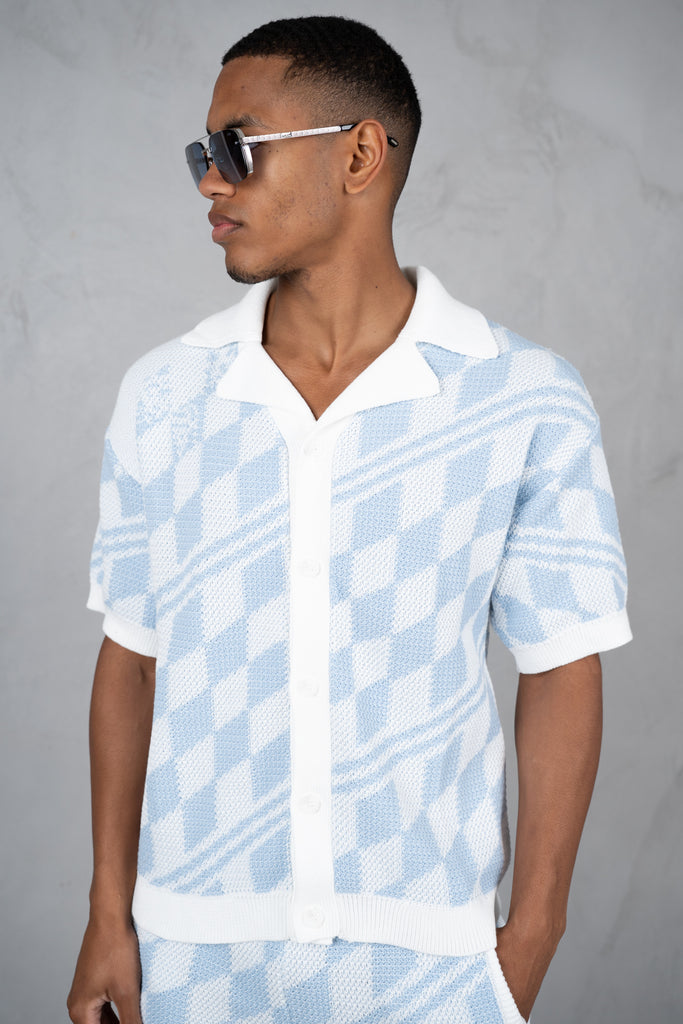 Boxy Checked Knitted Shirt - Pale Blue/White