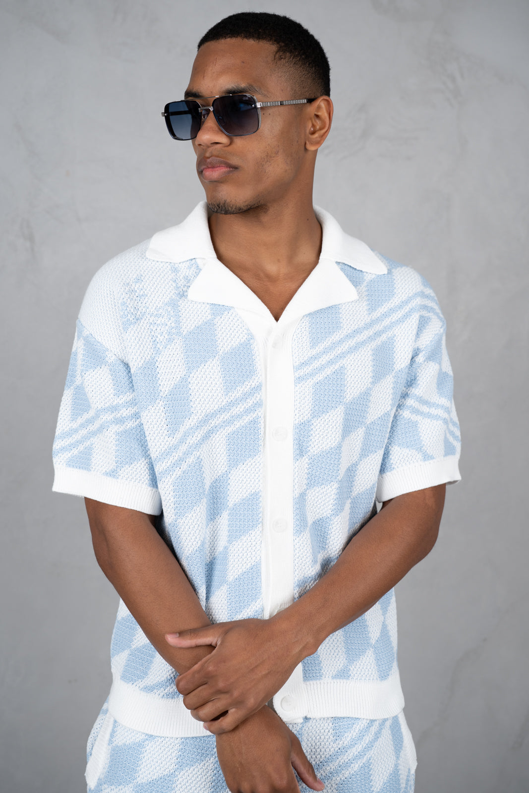 Boxy Checked Knitted Shirt - Pale Blue/White