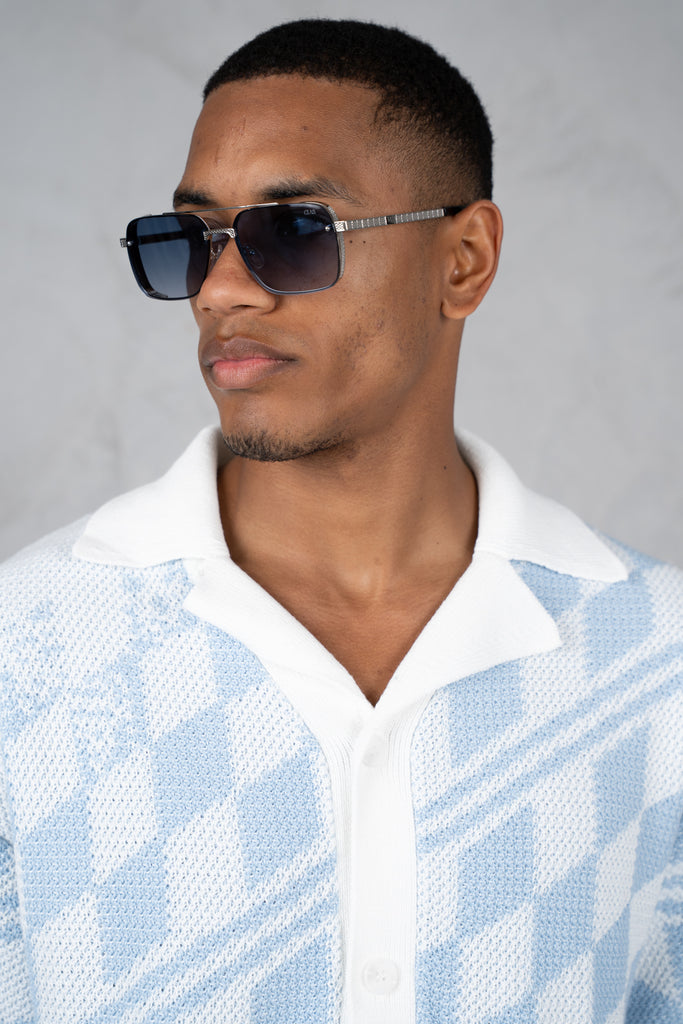 Boxy Checked Knitted Shirt - Pale Blue/White