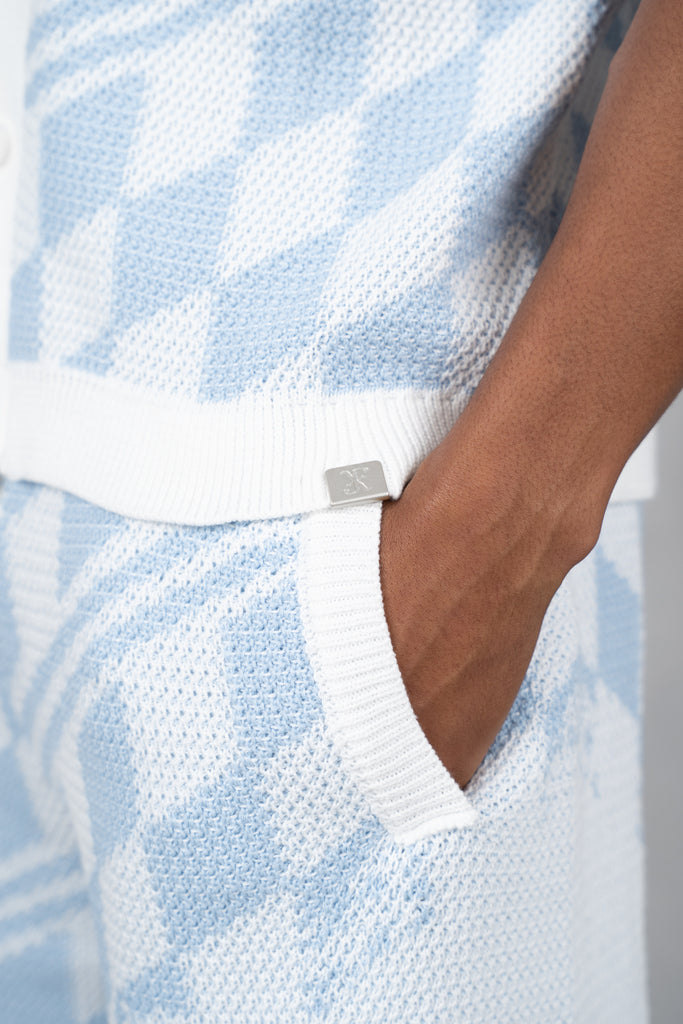 Knitted Checked Shorts - Pale Blue/White
