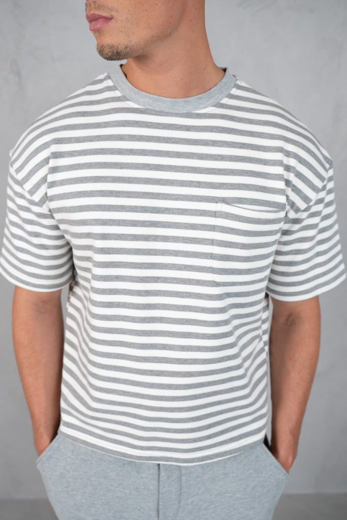 Boxy Stripe Pocket T-Shirt - Grey