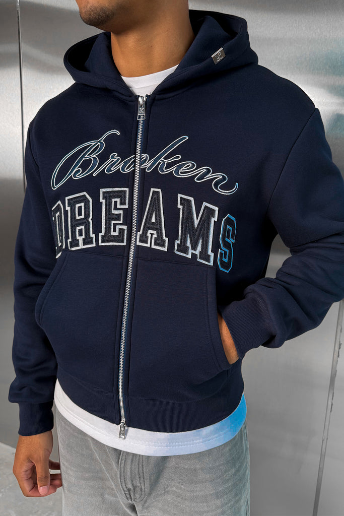 Broken Dreams Boxy Double Zip Hoody  - Navy