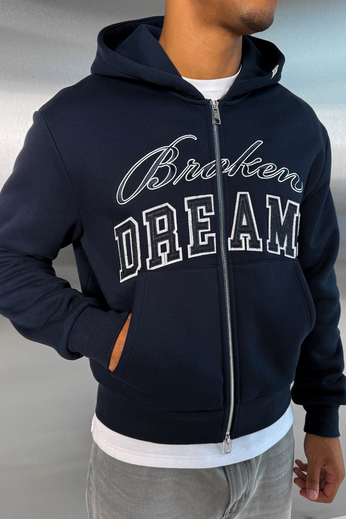Broken Dreams Boxy Double Zip Hoody  - Navy