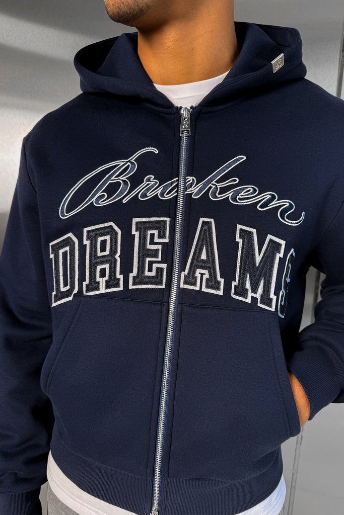Broken Dreams Boxy Double Zip Hoody  - Navy