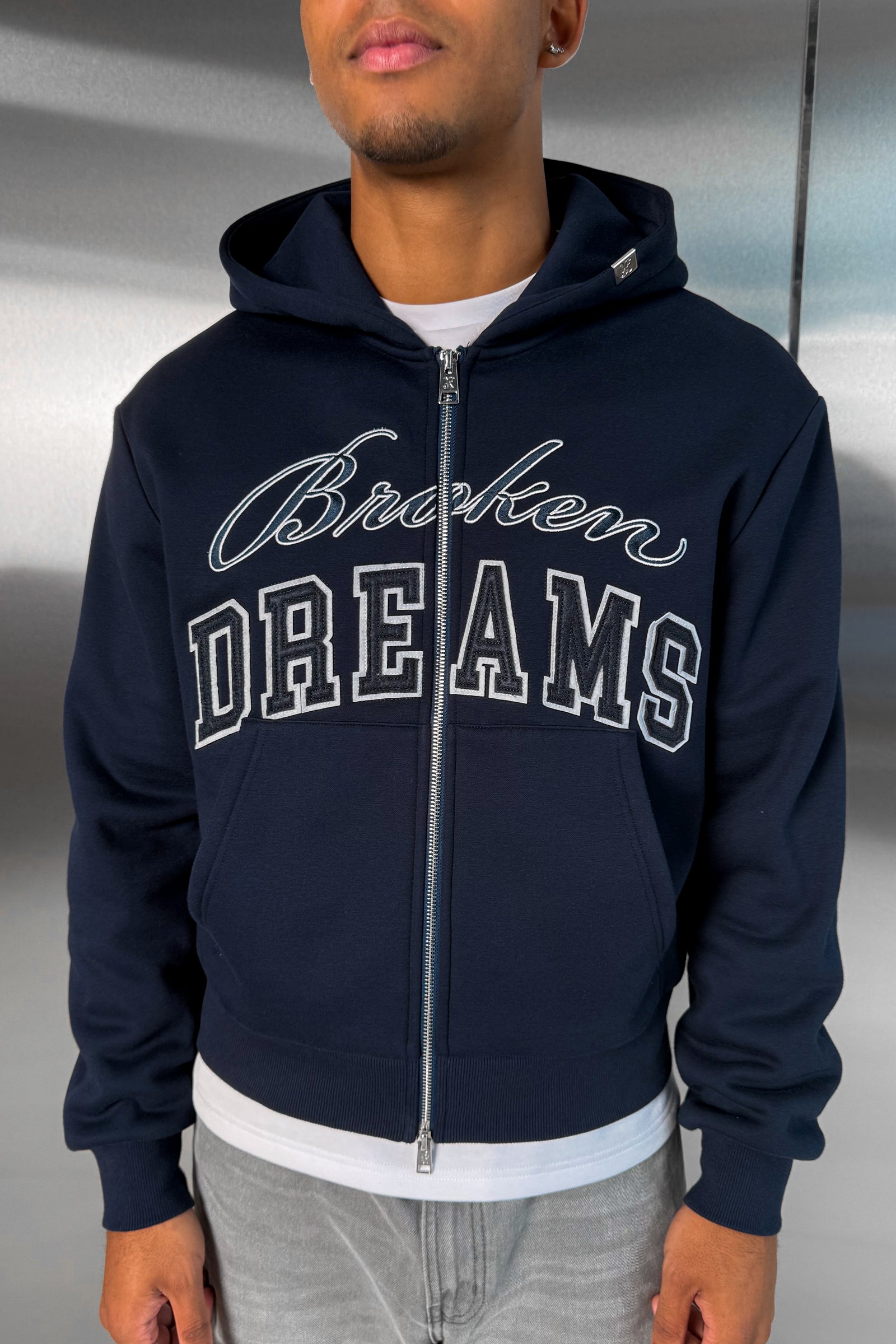 Broken Dreams Boxy Double Zip Hoody - Navy – JK Attire