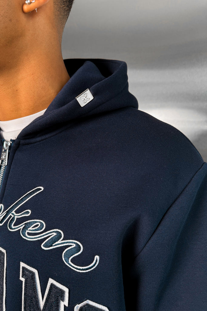 Broken Dreams Boxy Double Zip Hoody  - Navy
