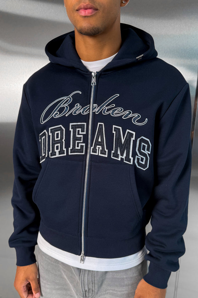 Broken Dreams Boxy Double Zip Hoody  - Navy