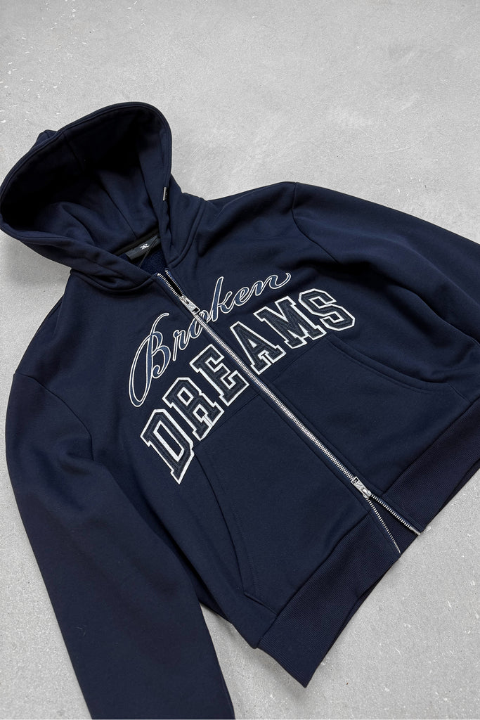 Broken Dreams Boxy Double Zip Hoody  - Navy