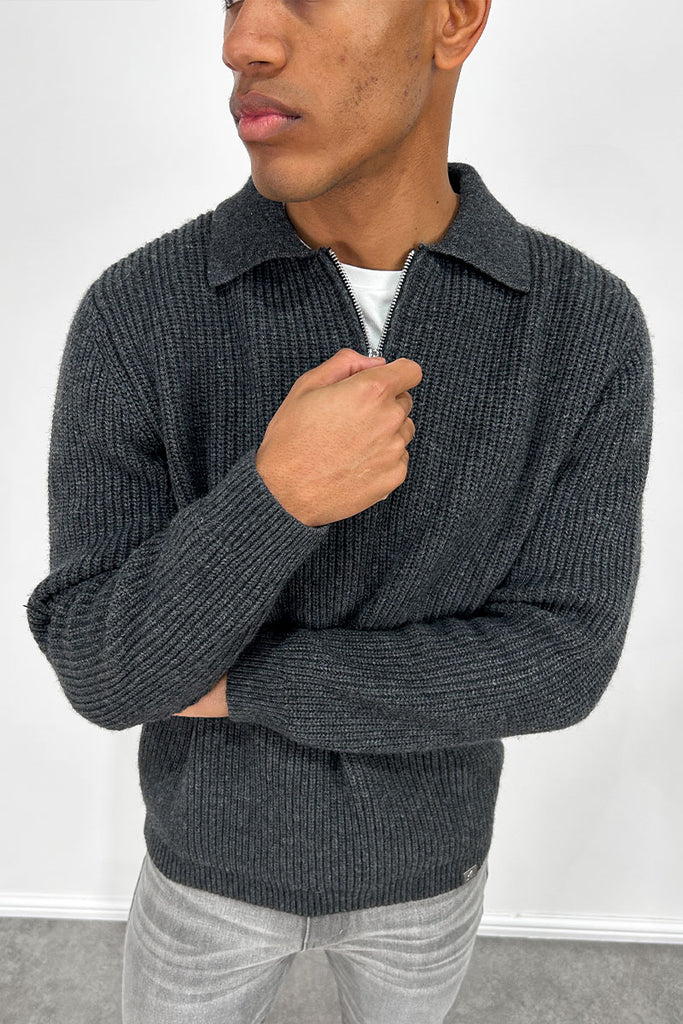 Ribbed Oversized Quarter-Zip Jumper - Grey