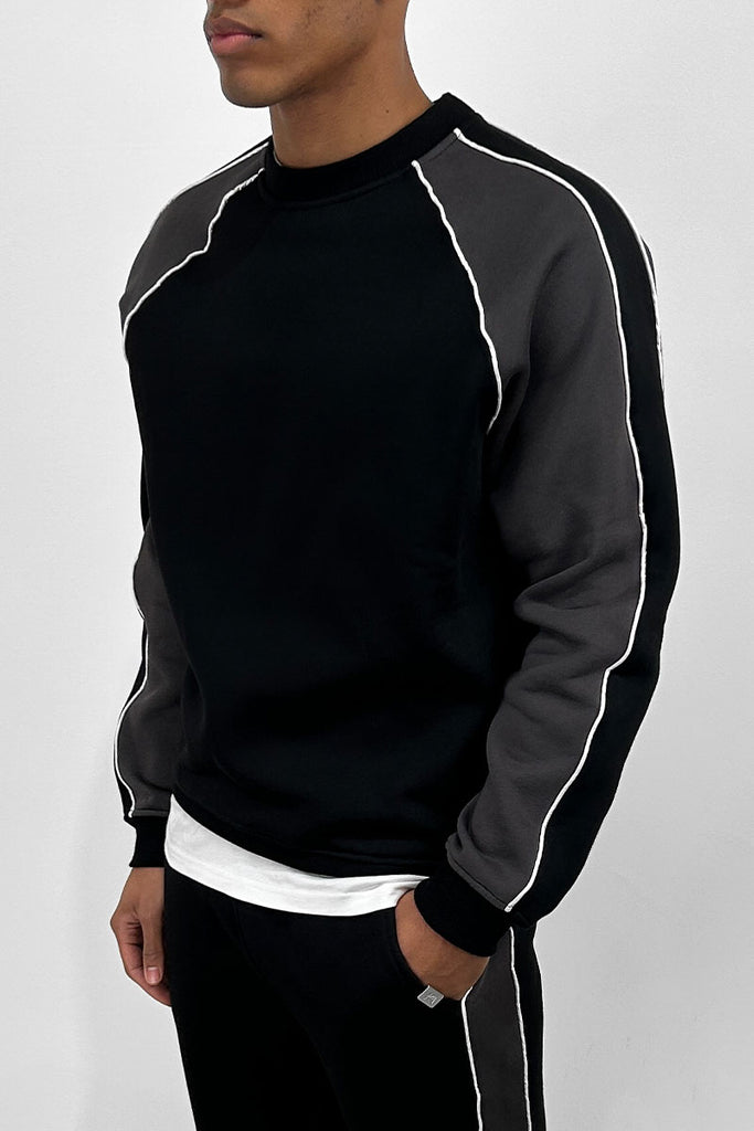 Panelled Piping Crew Neck Sweatshirt - Black