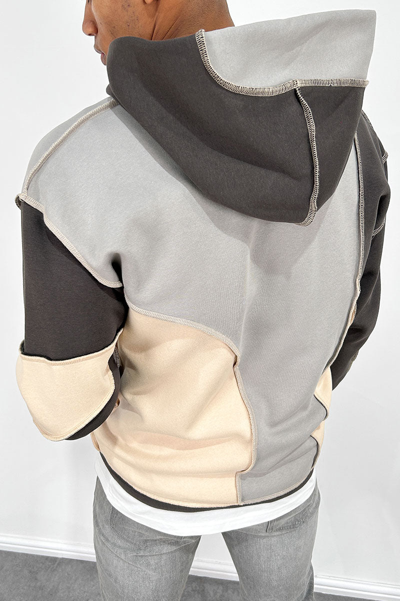 Cut and Sew Panel Double Zip Hoodie - Charcoal