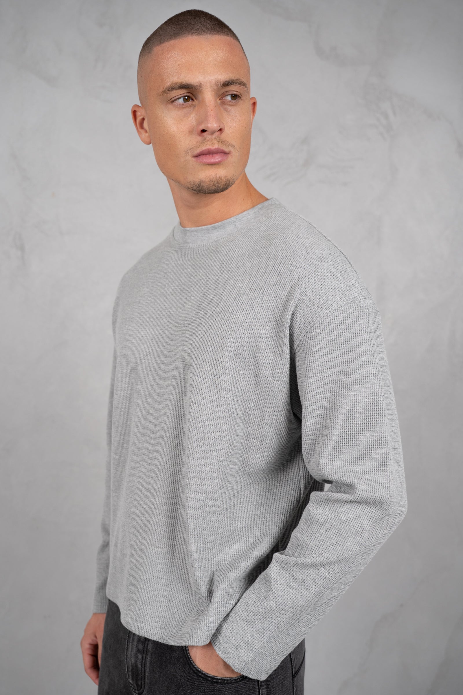 Chaos Long Sleeve Boxy Waffle T-Shirt - Grey