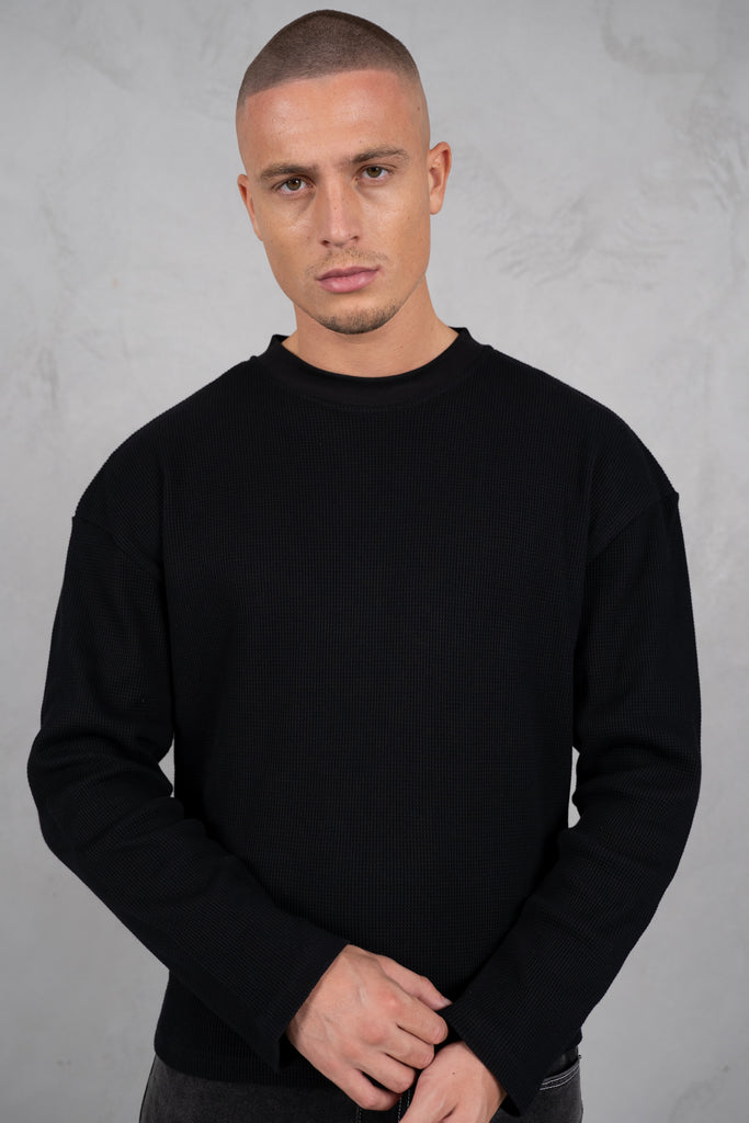 Chaos Long Sleeve Boxy Waffle T-Shirt - Black