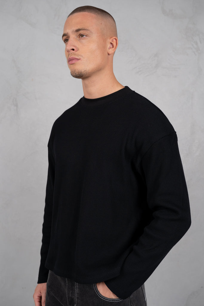 Chaos Long Sleeve Boxy Waffle T-Shirt - Black