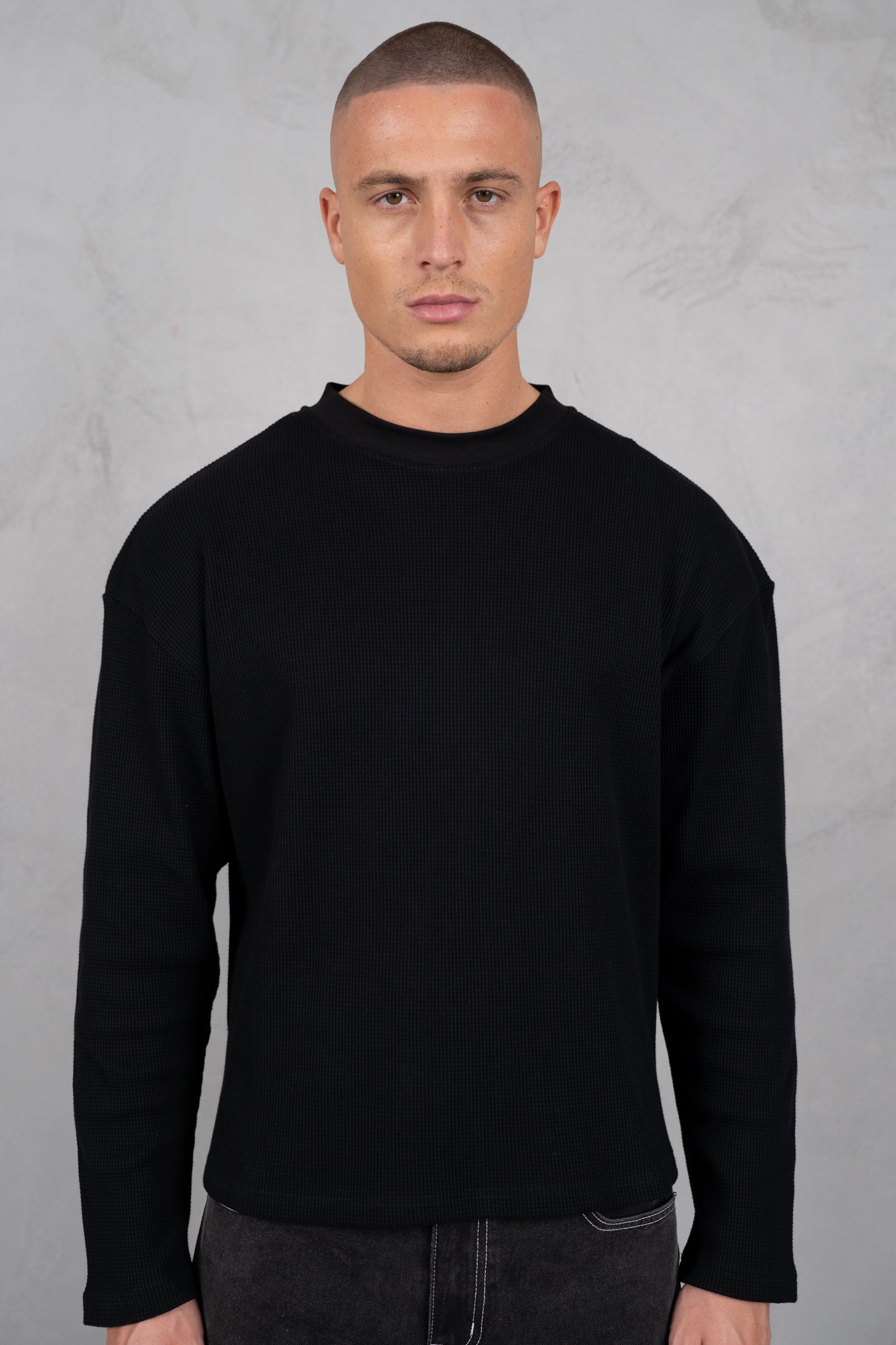 Chaos Long Sleeve Boxy Waffle T-Shirt - Black