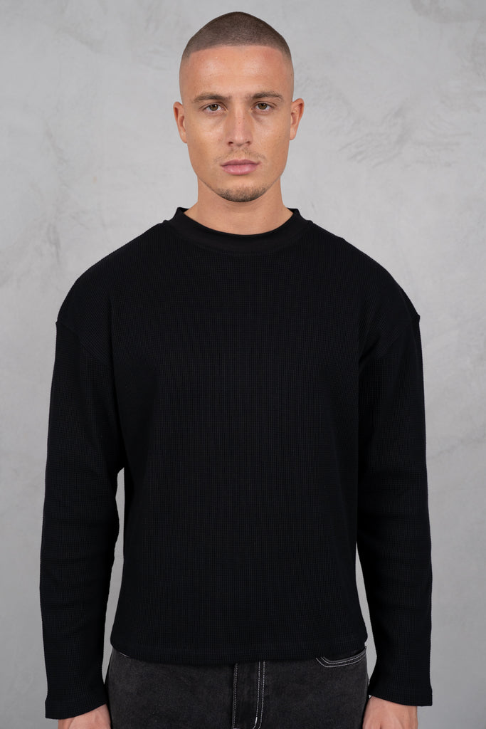 Chaos Long Sleeve Boxy Waffle T-Shirt - Black