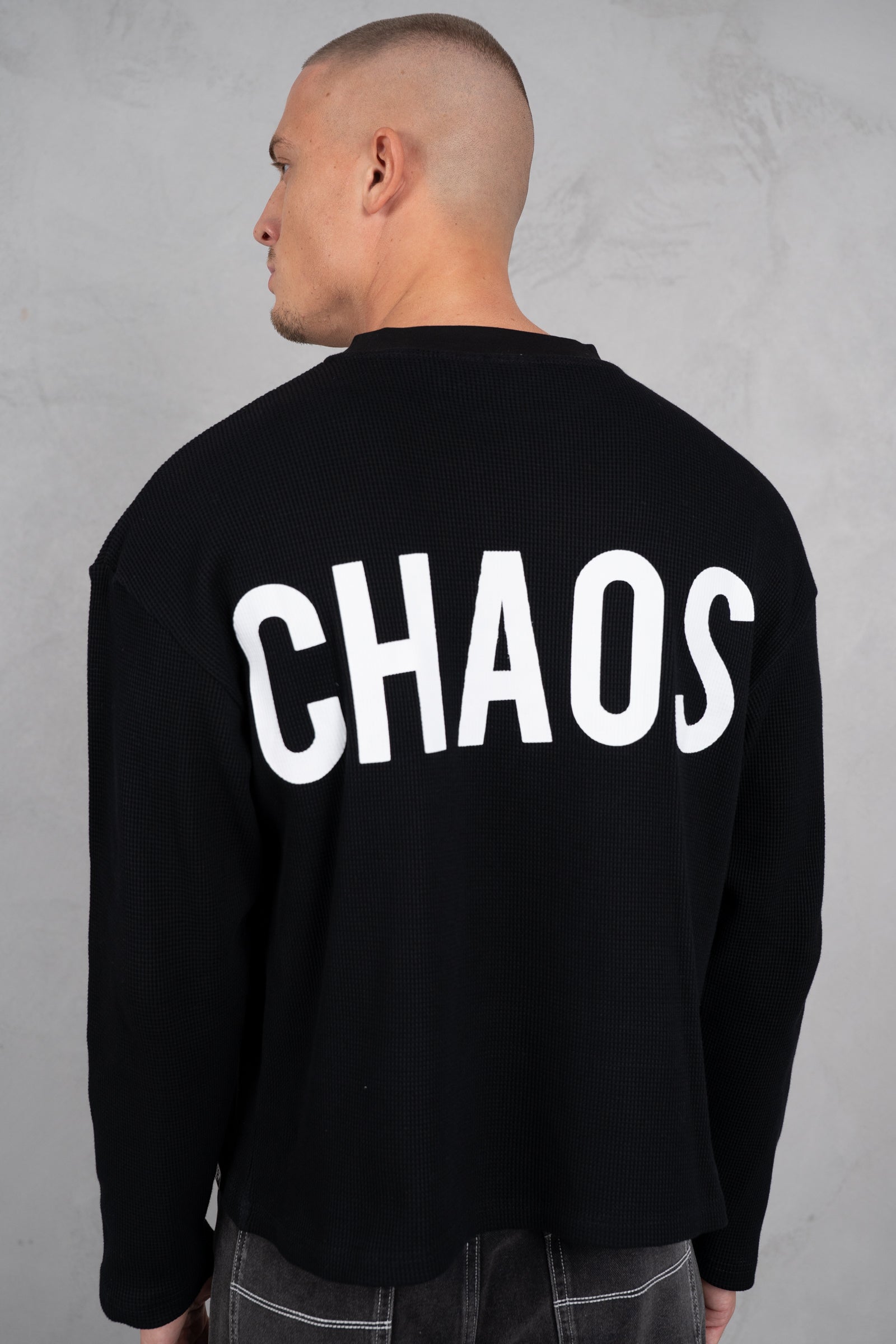 Chaos Long Sleeve Boxy Waffle T-Shirt - Black