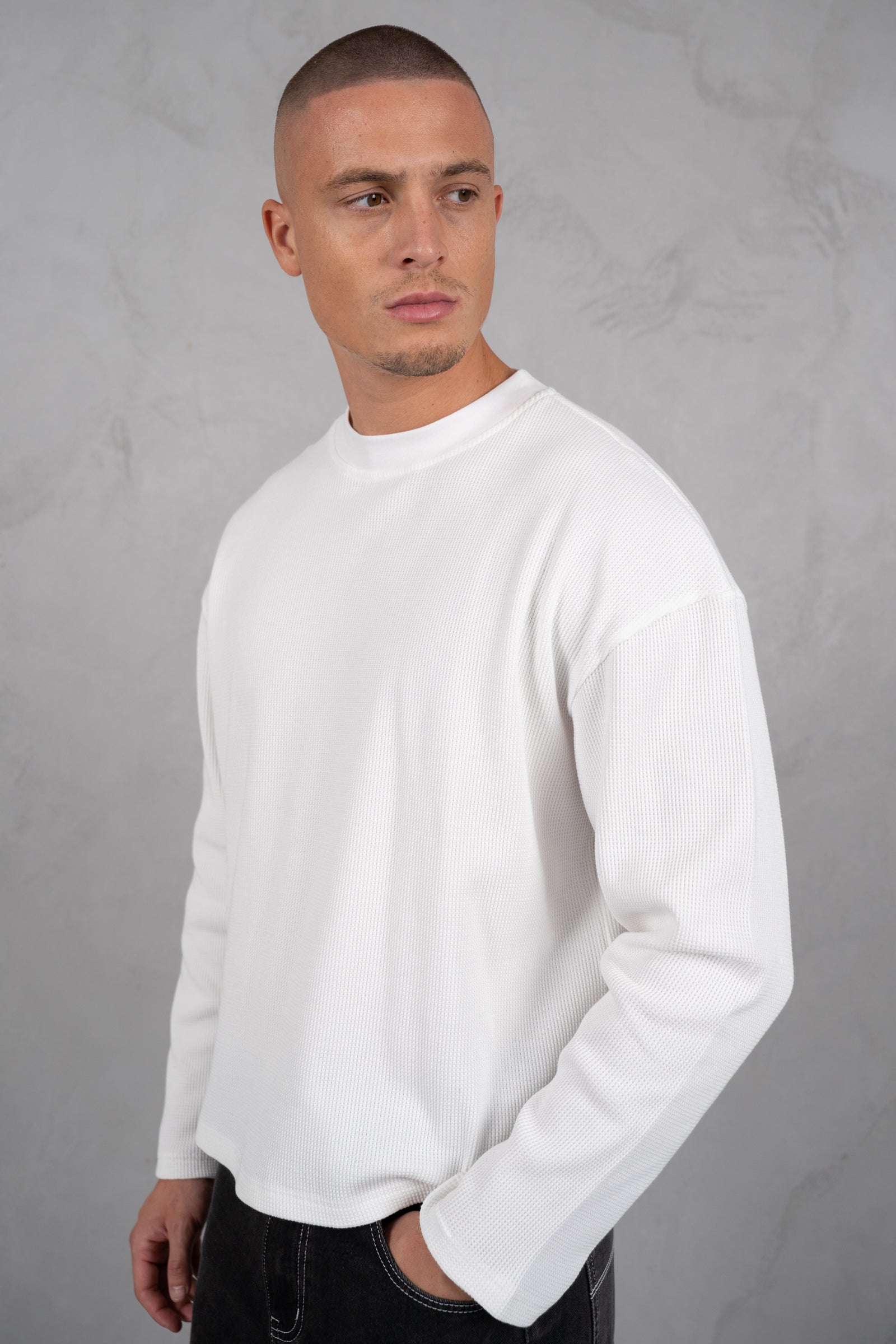 Chaos Long Sleeve Boxy Waffle T-Shirt - White