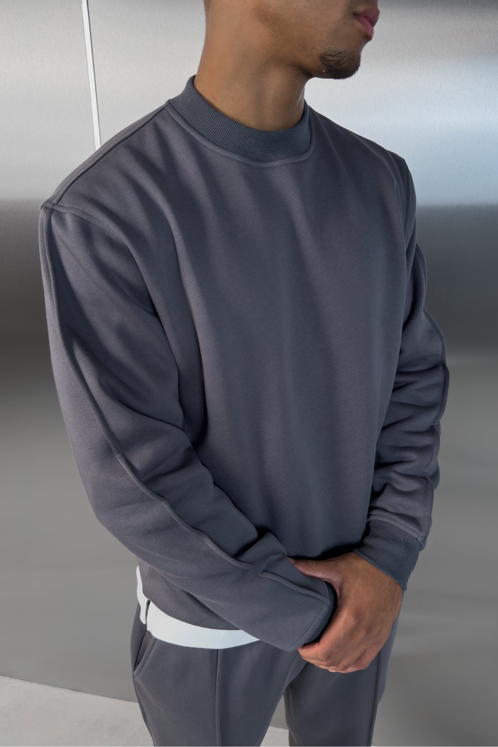 Extended Neck Crew Neck Sweatshirt - Charcoal