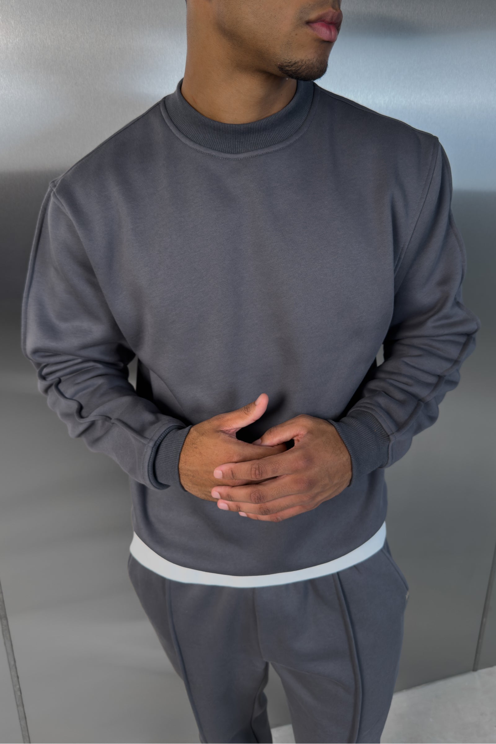 Extended Neck Crew Neck Sweatshirt - Charcoal