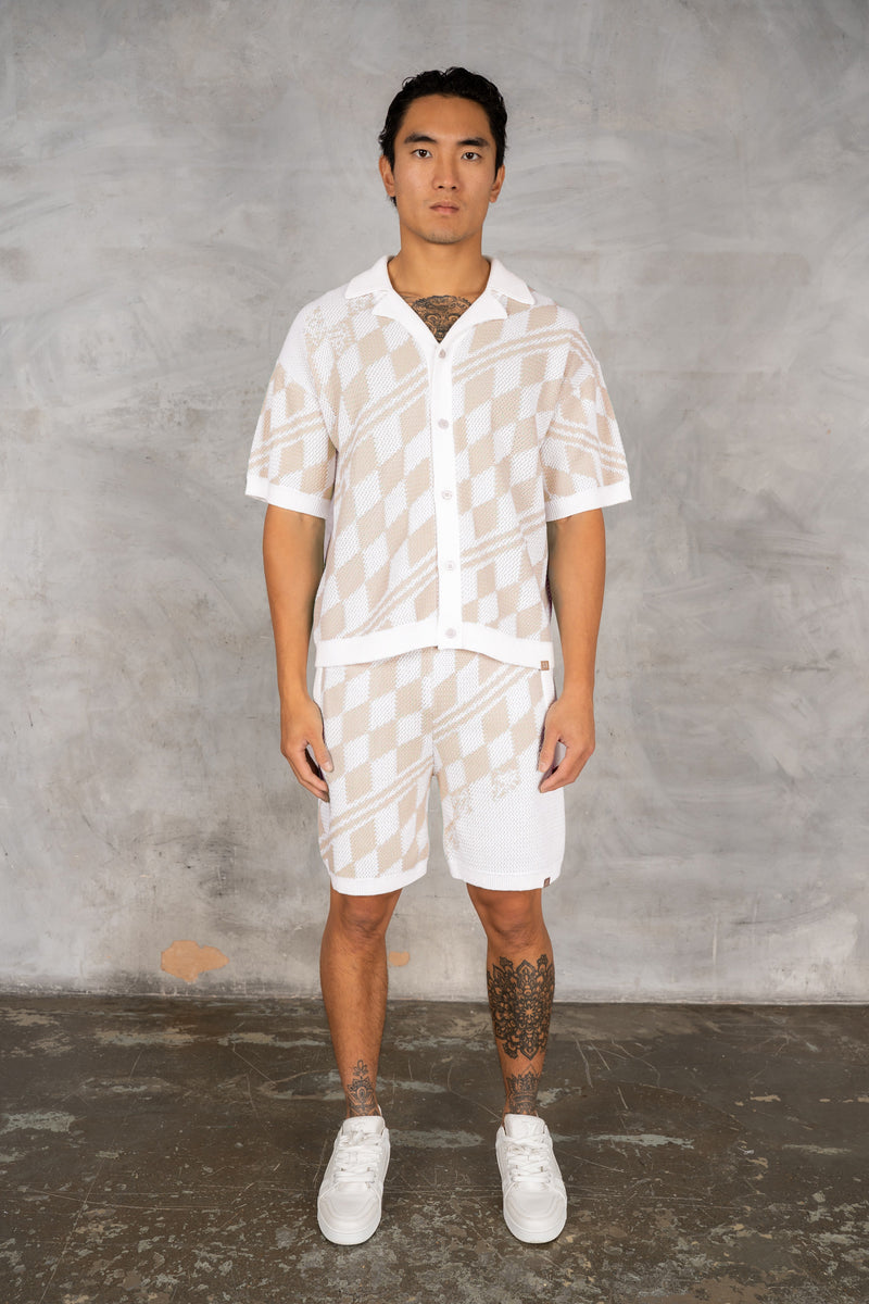 Boxy Checked Knitted Shirt - Taupe