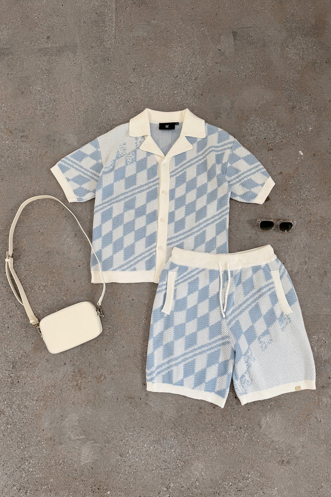 Boxy Checked Knitted Shirt - Pale Blue/White