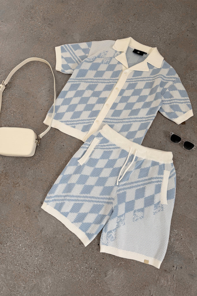 Boxy Checked Knitted Shirt - Pale Blue/White