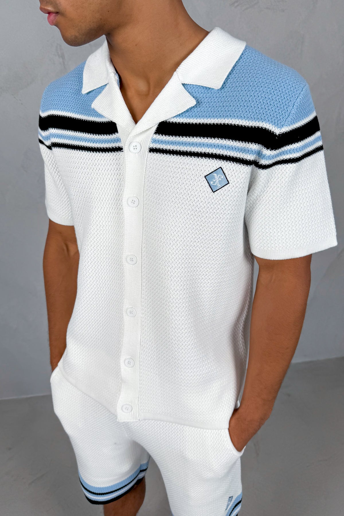 Colour Block Knit Shorts - White/Pastel Blue