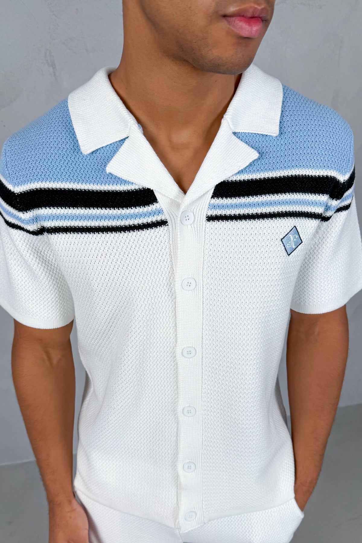 Colour Block Boxy Knit Shirt - White/Pastel Blue