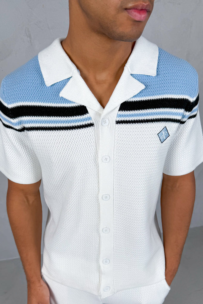 Colour Block Boxy Knit Shirt - White/Pastel Blue