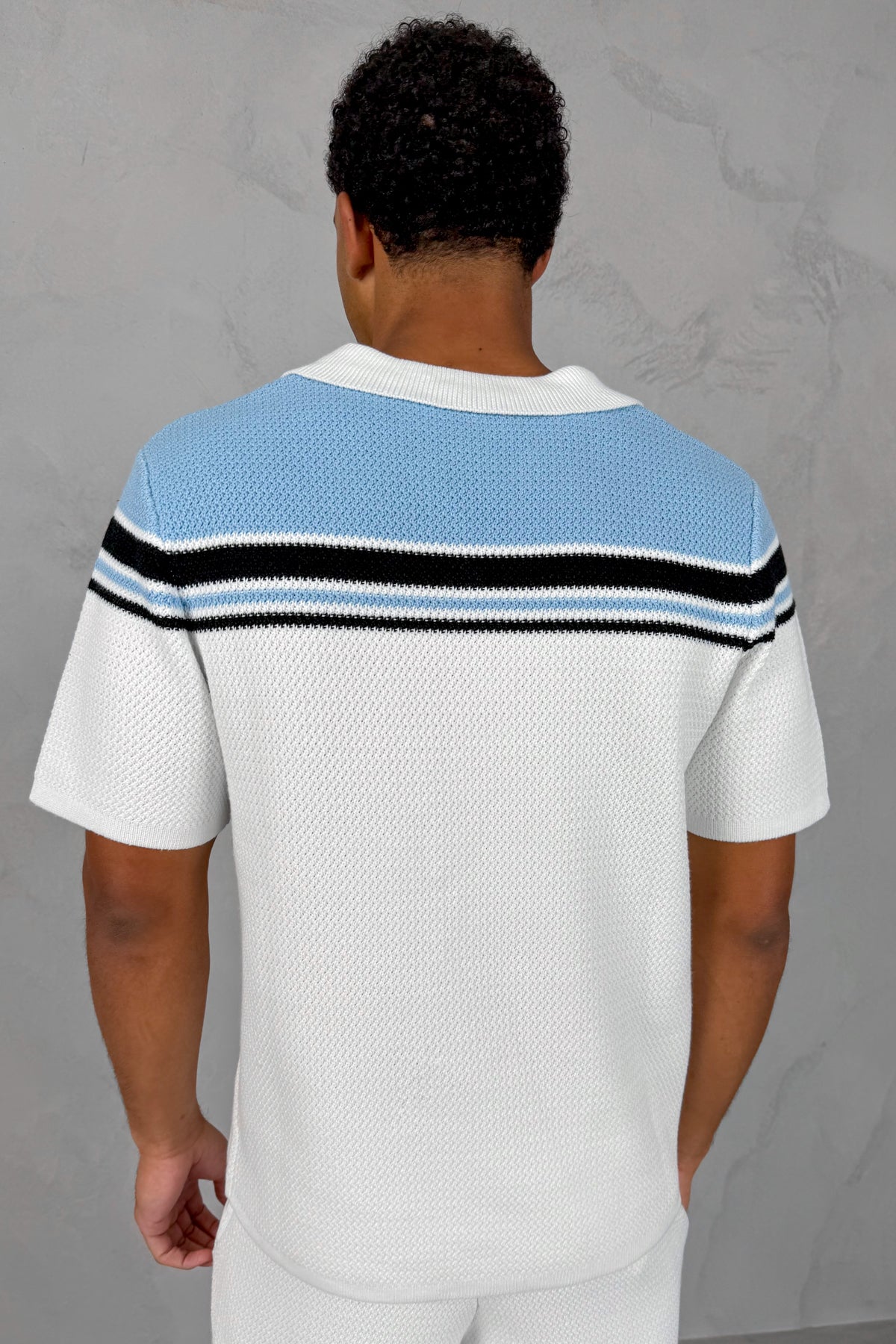 Colour Block Boxy Knit Shirt - White/Pastel Blue