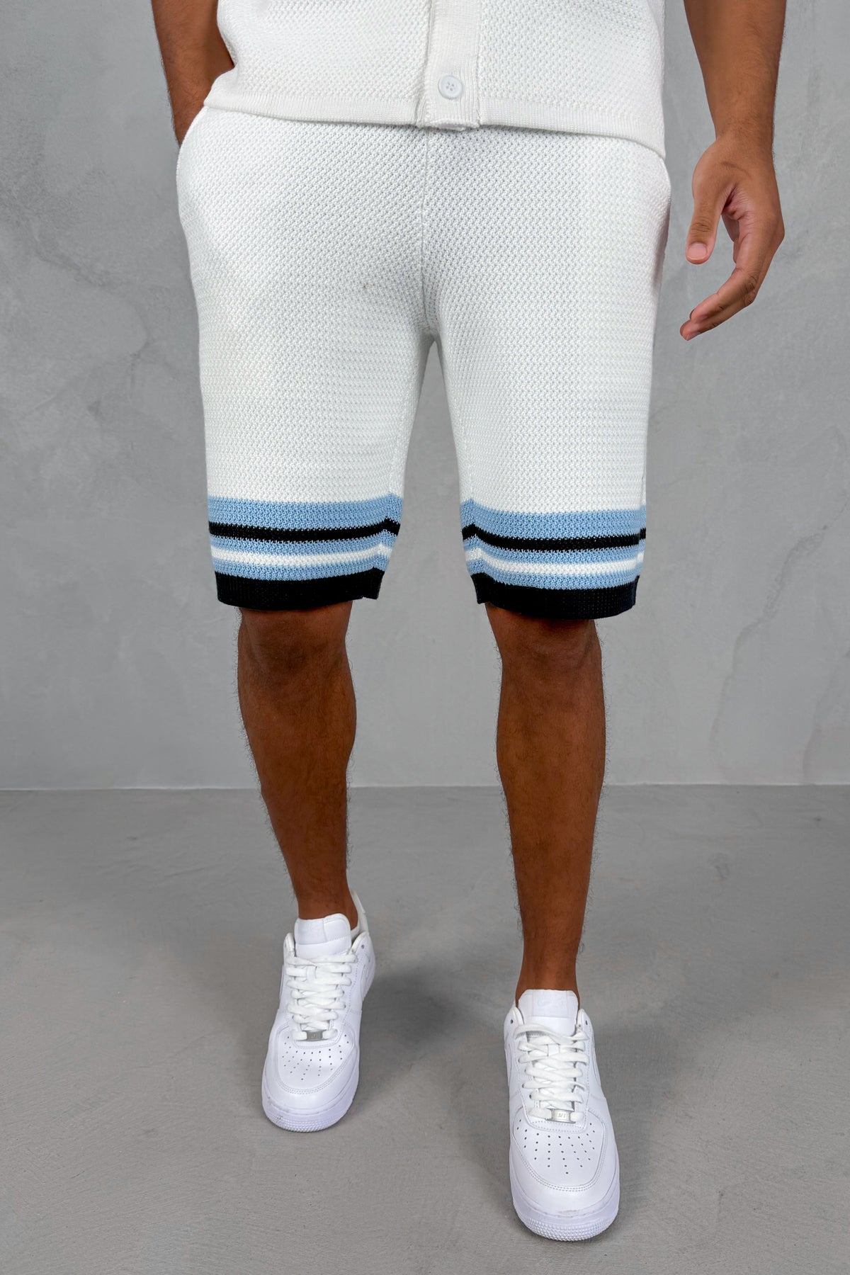 Colour Block Knit Shorts - White/Pastel Blue
