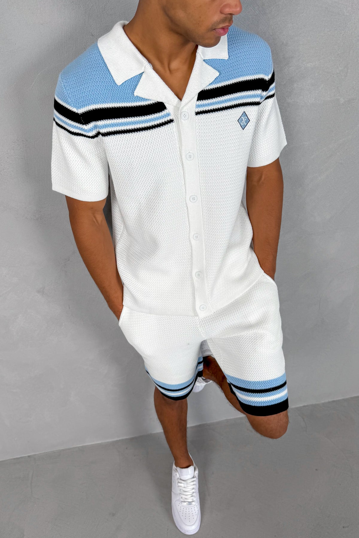 Colour Block Knit Shorts - White/Pastel Blue