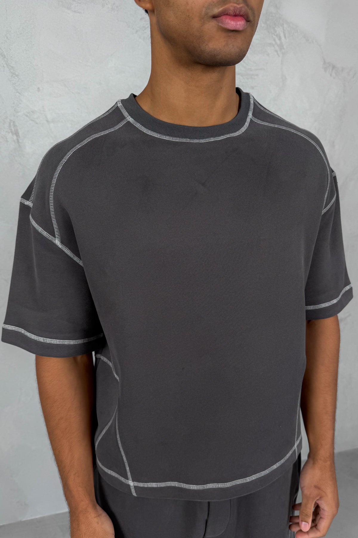 Contrast Stitch Boxy T-Shirt - Charcoal