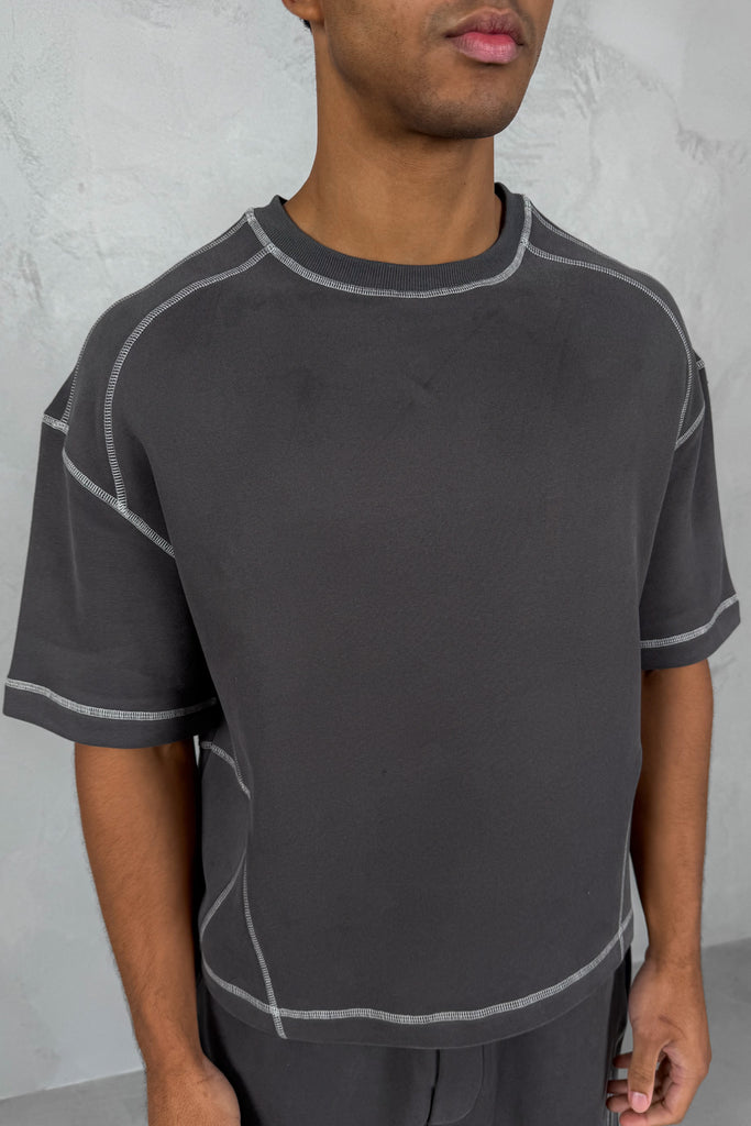 Contrast Stitch Boxy T-Shirt - Charcoal