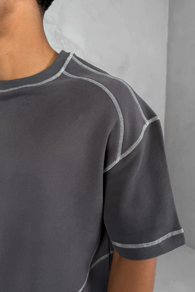 Contrast Stitch Boxy T-Shirt - Charcoal