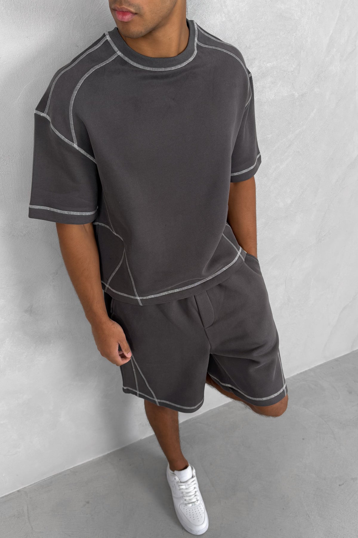 Contrast Stitch Baggy Shorts - Charcoal
