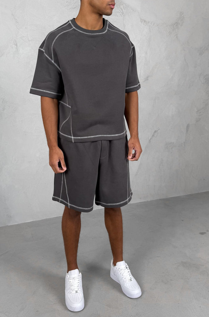 Contrast Stitch Boxy T-Shirt - Charcoal