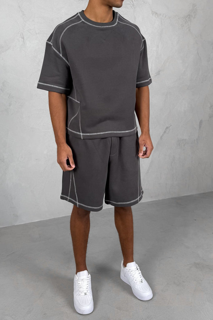 Contrast Stitch Baggy Shorts - Charcoal