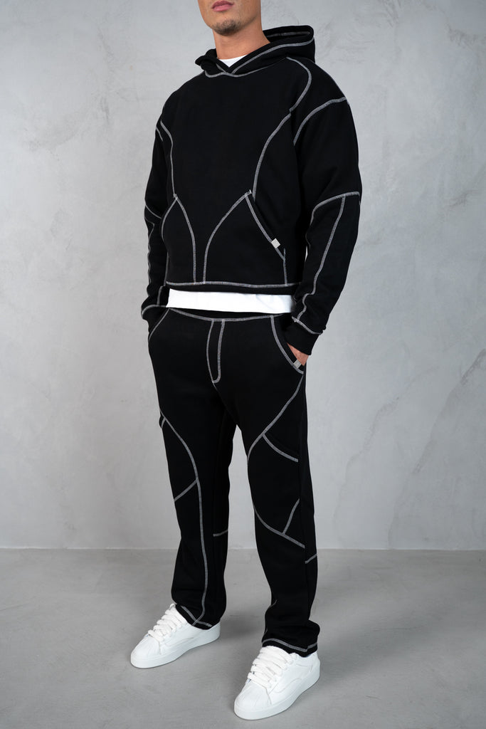 Contrast Stitch Pull Over Hoody - Black