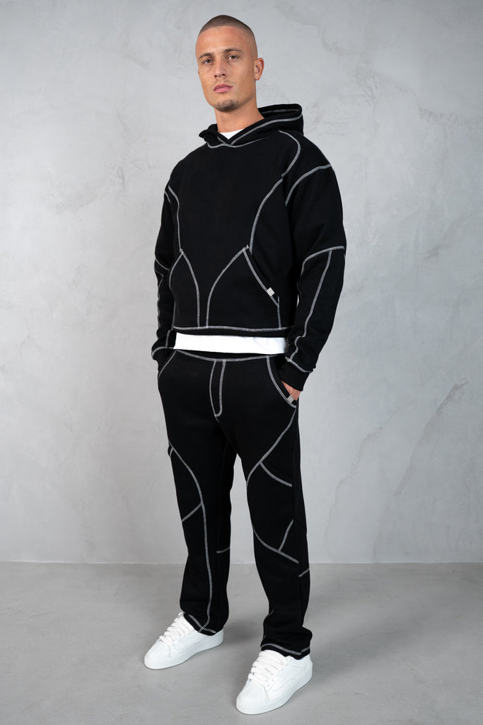 Contrast Stitch Pull Over Hoody - Black