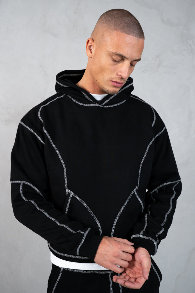 Contrast Stitch Pull Over Hoody - Black