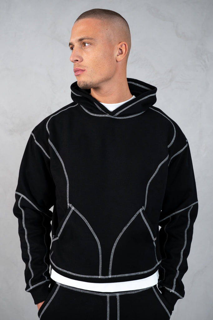 Contrast Stitch Pull Over Hoody - Black