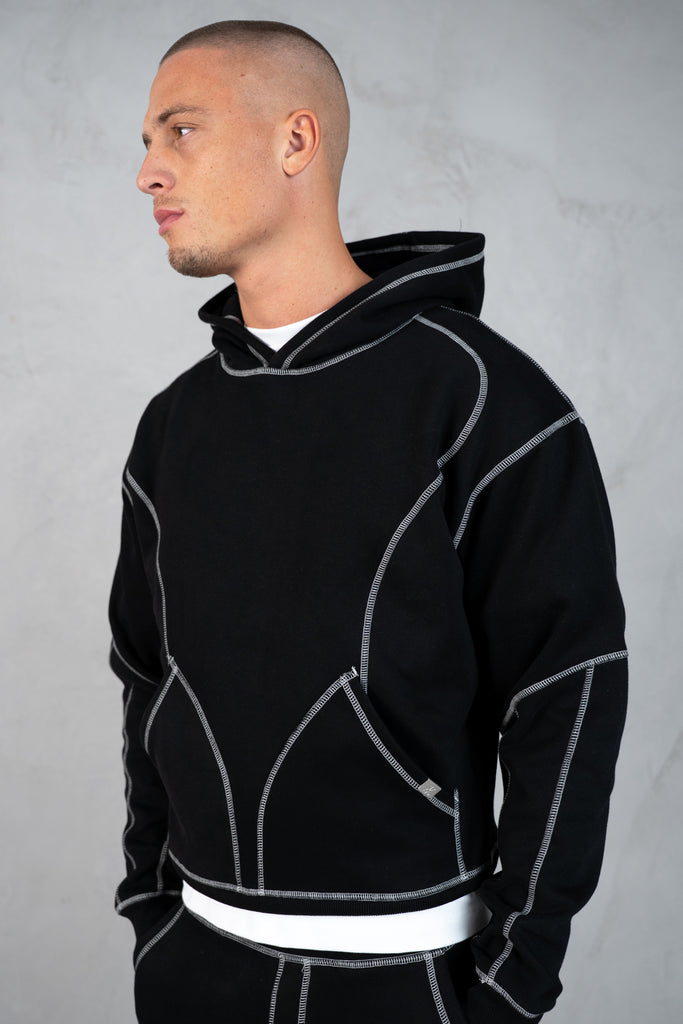 Contrast Stitch Pull Over Hoody - Black