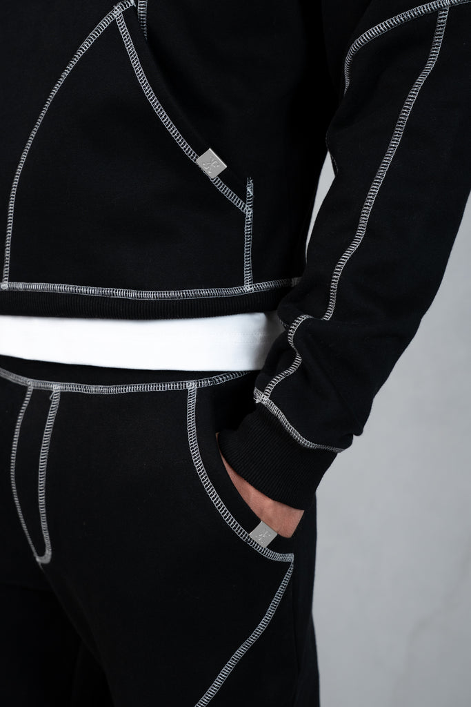 Contrast Stitch Pull Over Hoody - Black