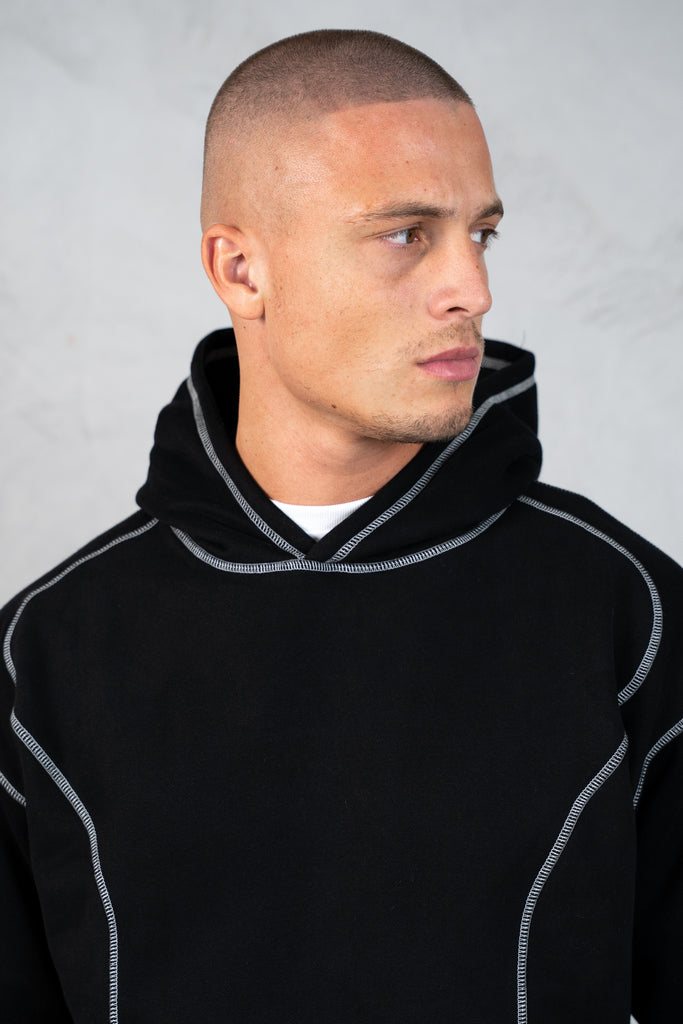 Contrast Stitch Pull Over Hoody - Black