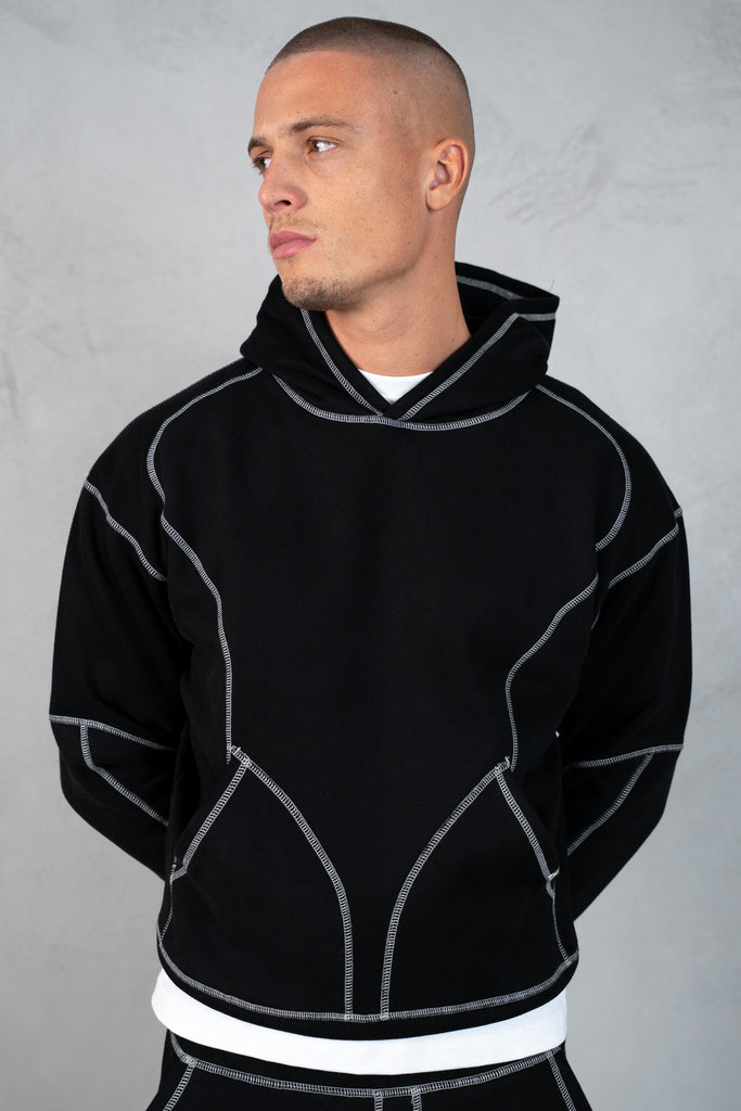 Contrast Stitch Pull Over Hoody - Black