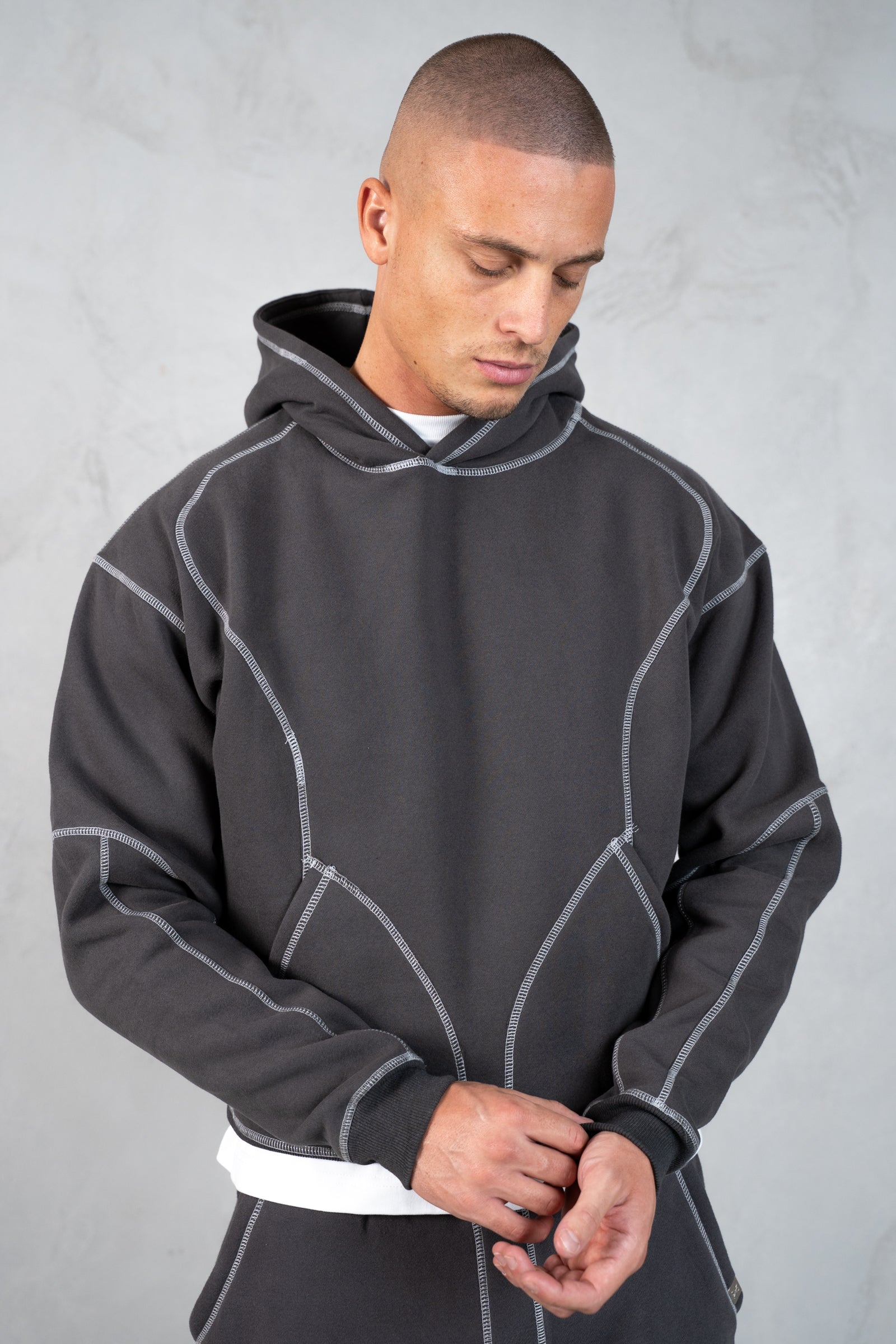 Contrast Stitch Pull Over Hoody - Charcoal